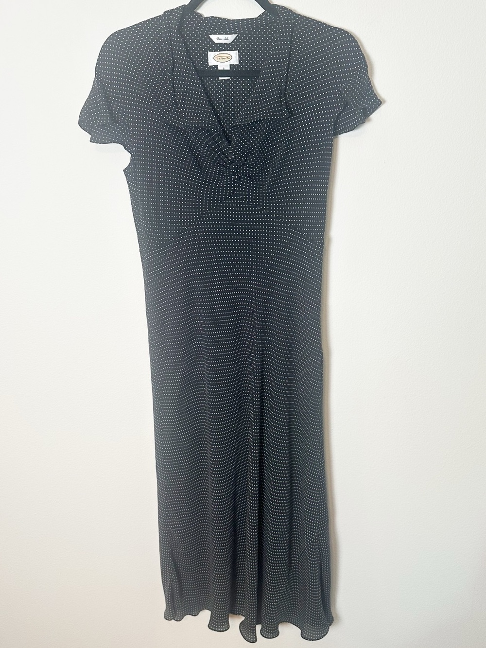 Vintage Talbots 100% Silk Bias Cut Midi Dress Polka Dot Black White 8